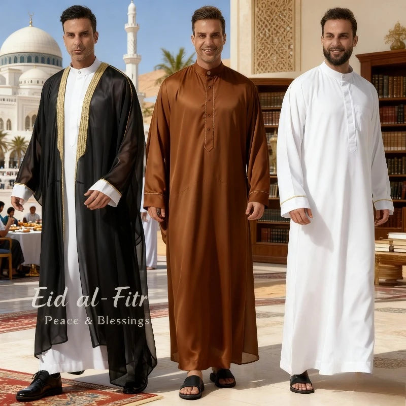 Middle Eastern Men's Long Robe Muslim Dress Kimono Islamic Clothing Prayer Ramadan Eid Al Fitr Hanging Tassel Outer Garment