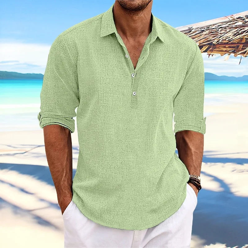 Men's Half Button Polo Shirt Short Sleeve Linen Look Casual Summer Top 2026