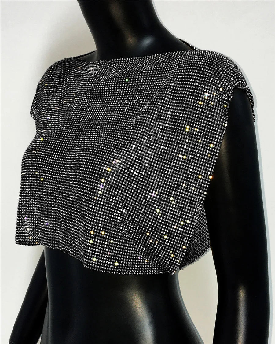 Shiny Rhinestone Metal Sequins Crop Tops Summer Women Sexy Round Neck Handmade Camisole Nightclub Party Club Tank Tops