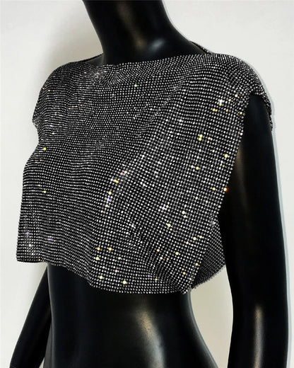 Shiny Rhinestone Metal Sequins Crop Tops Summer Women Sexy Round Neck Handmade Camisole Nightclub Party Club Tank Tops