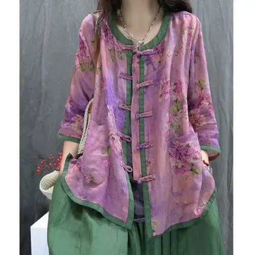 Artistic Print Ethnic Design Retro round Neck Button up Casual Loose Sun Protection Shirt Women Summer Comfortable Versatile