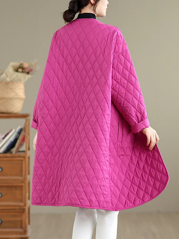 Korean Japanese High End plus Size Cotton Jacket Women's Casual Versatile Diamond Pattern Mid-Length  Color round Neck Coat