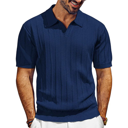 Men's Knit Polo Shirt Short Sleeve V Neck Ribbed Casual Summer Top 2026