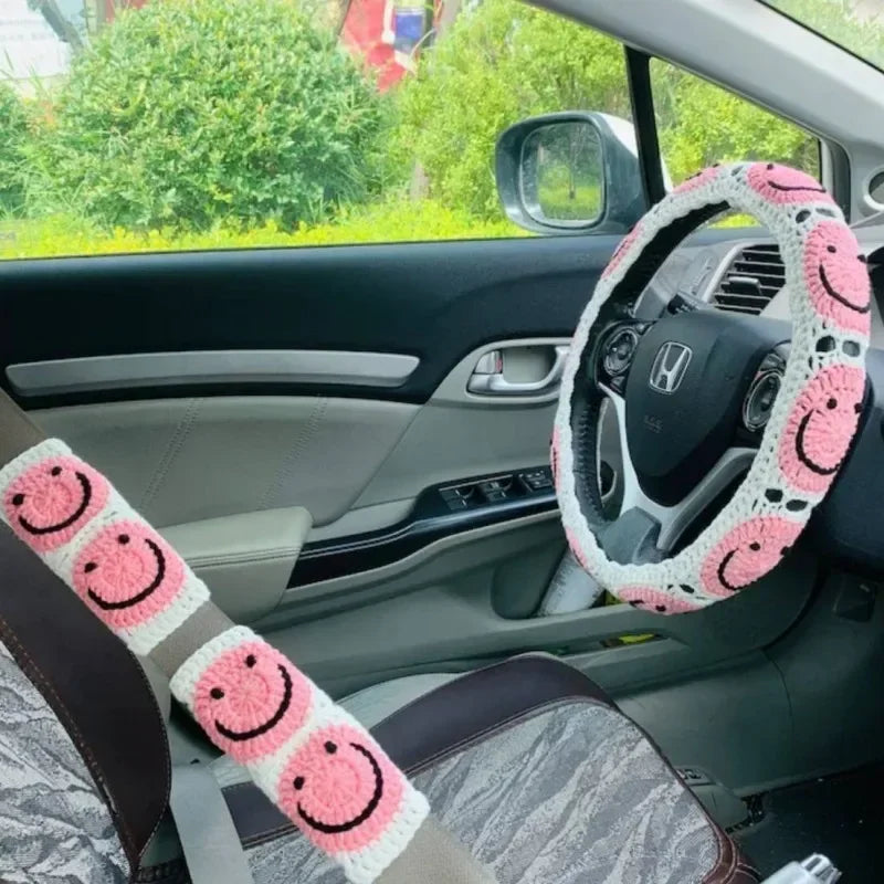Warm Anti-Slip Hand Crocheted Flower Car Steering Wheel Cover Simple Stylish Winter Car Decor Safe Driving Seat Belt Accessory