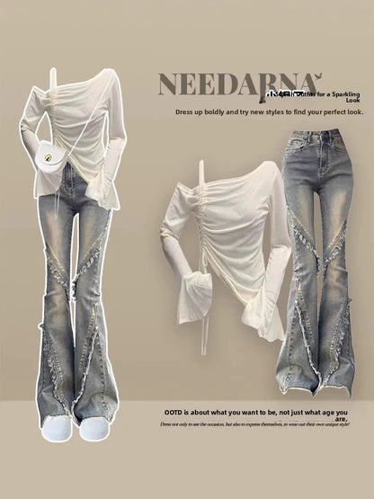 Spicy Girl Autumn Korean Style Slimming Bell Sleeve Top And Jeans Set Women's Fashion Slim Fit Long Sleeve round Neck Suit