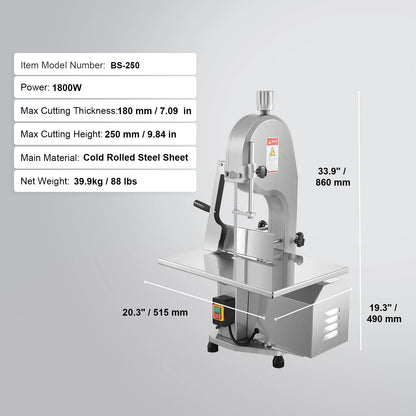 SucceBuy 650W 1800W Commercial Electric Meat Bandsaw Stainless Steel Countertop Bone Sawing Machine for Rib Pork Beef