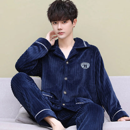 Men's Thickened Flannel Pajamas Coral Fleece Home Clothes Cardigan Set Long Sleeve Long Pants Soft Warm Winter Autumn Sleepwear