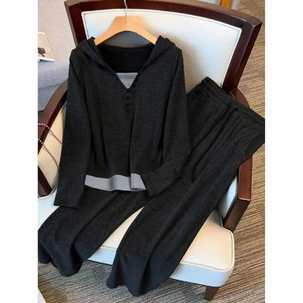 Black Soft Plush 2025 New Style Hooded Patchwork Casual Sporty Spring Autumn Leisure Cotton Pants Set Fashionable Trousers