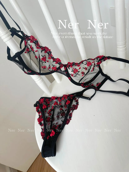 Sweet Sexy Lace Lingerie Set, Floral Embroidery Sheer Mesh, Thin Cooling, Big Bust Relief, Japanese Daily Women Underwear 32-38