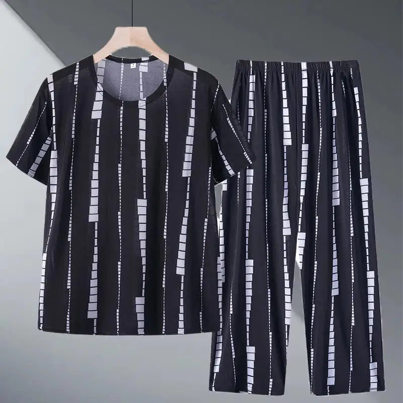 Ice Silk Two-Piece Set for Mom Summer Casual Short Sleeve Large Size Elderly Women's Fashionable Stripe And Plaid Ensemble
