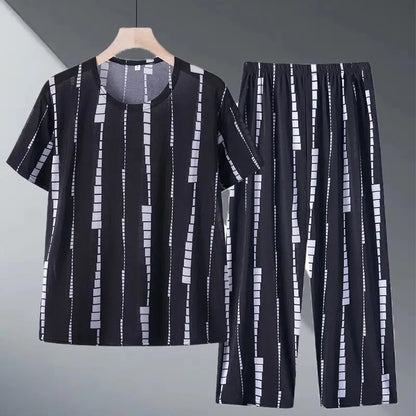 Ice Silk Two-Piece Set for Mom Summer Casual Short Sleeve Large Size Elderly Women's Fashionable Stripe And Plaid Ensemble
