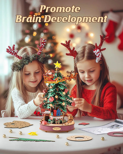 Robotime Rolife Christmas Melody Tree Music Boxes 3D Wooden Puzzle with Light Perfect Gifts for Family  Easy Assemble Toys