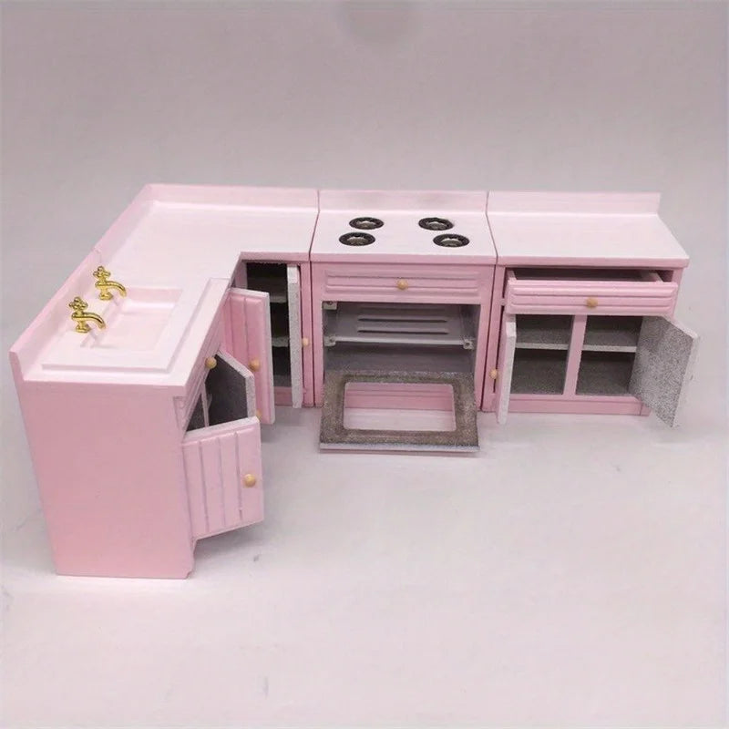 Playdoll House Miniature Furniture Kitchen Set with Wooden Pink Cabinet and Sink