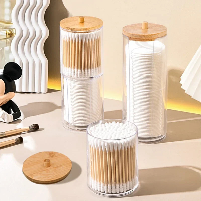 1pcs Cotton Swab Storage Box Acrylic Jar Makeup Organizer, Cotton Round Pad Holder, Q-tip Dispenser with Bamboo Lid