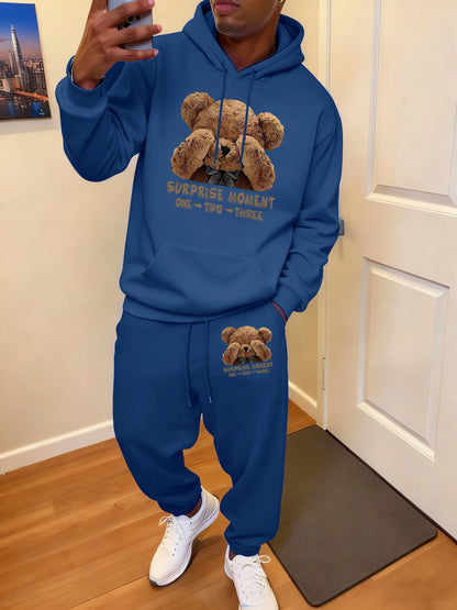 Surprise Moment Teddy Bear Print Soft Hoodie Set Man Sport Pocket Tracksuit All-Match Casual Sweatpants Autumn Fleece Long Pant