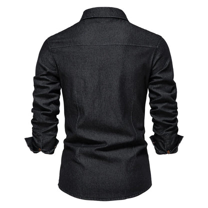 2025 Autumn Cotton Denim Shirts Men Casual Long Sleeve Quality Cowboy Shirt Solid Color Slim Fit Elastic Navy Blue Black Clothes