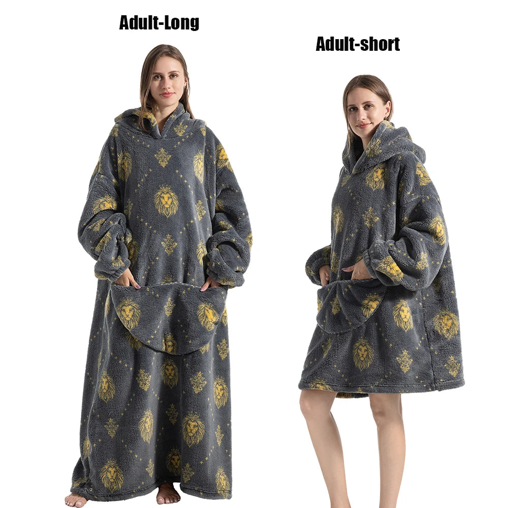 Thick Flannel Blanket Hoodies for Women Adult Panda Wolf Cat Pullover Winter Sherpa TV Blanket Homewear Oversized Sweatshirts