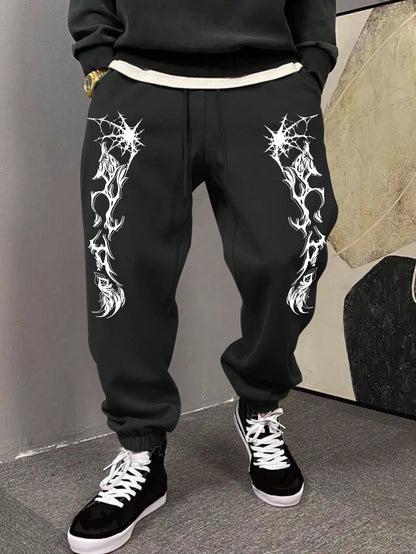 Men's Gothic Dual Side Spider Web Thorn Abstract Print Sweatpants Elastic Waist Soft Dark Punk Street Hip Hop Joggers