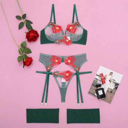 Tornova Sexy Embroidery Lingerie Suit for Women Mesh Patchwork Embroidery Women's Underwear Suit Sexy Garters Mesh Underwear Set