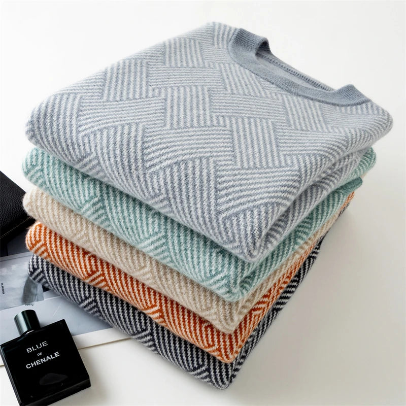 Autumn and winter new thick 100% pure cashmere men's round neck jacquard loose color matching leisure sweater cashmere sweater