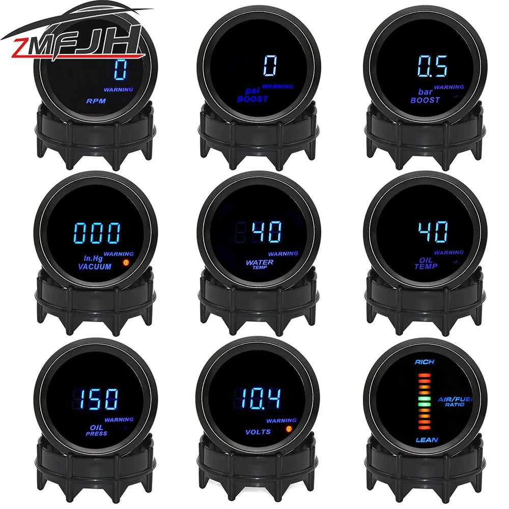 52mm Car Digital Tachometer Boost PSI BAR Gauge Water Temp Oil Temp Oil Pressure Meter Voltmeter Vacuum Air Fuel Ratio Gauge