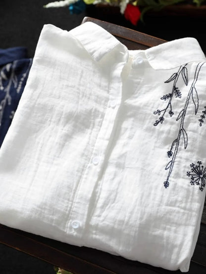Cotton Linen Women's Shirt Spring New Style Artistic Retro Embroidery Turn-down Collar  Color Long Sleeve Top