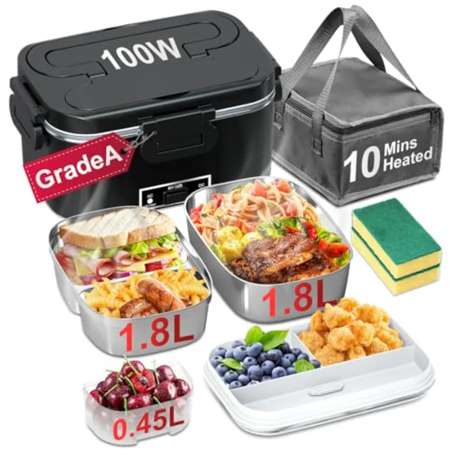 Electric Lunch Box for Adults - 2 Pack Container 100W Heated Lunch Box for Men Fast Heating Food Heater Portable with ON/OFF Sw