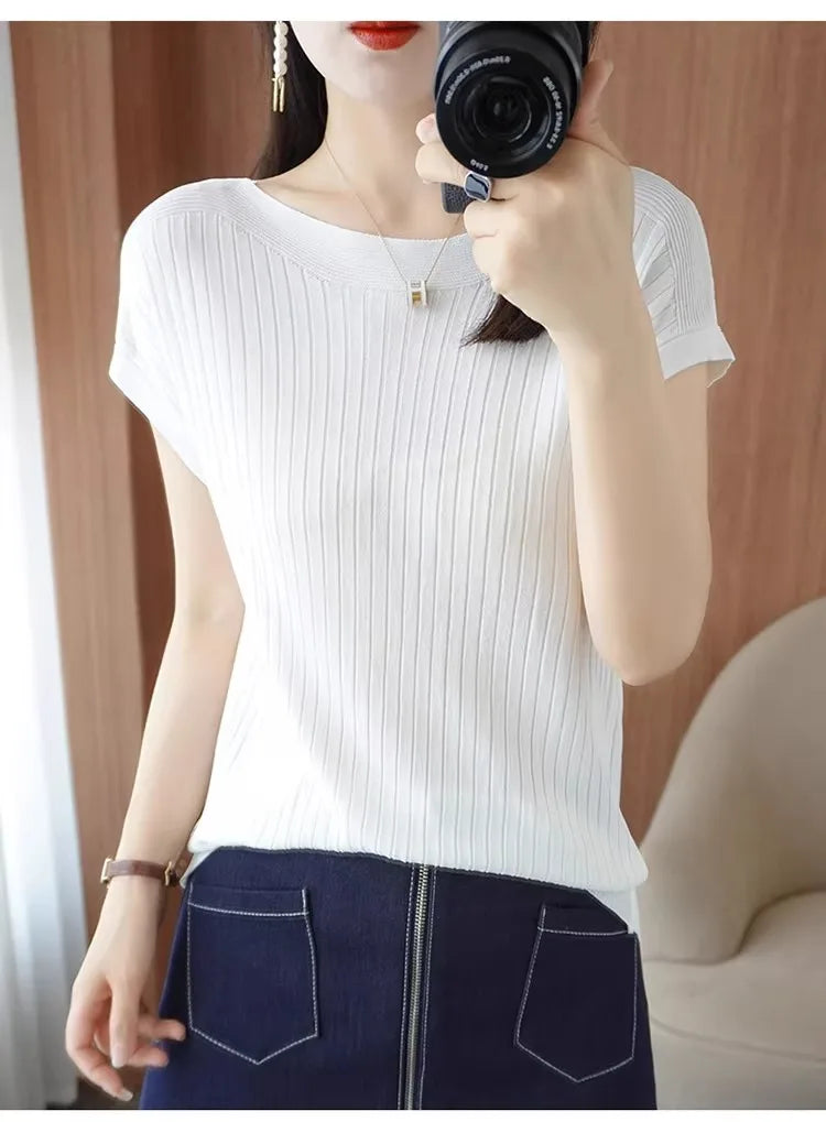 Ice Silk Knitted Top Women Loose Spring Summer New Style Thin Short Sleeve One Shoulder T-Shirt Breathable Comfortable Casual...