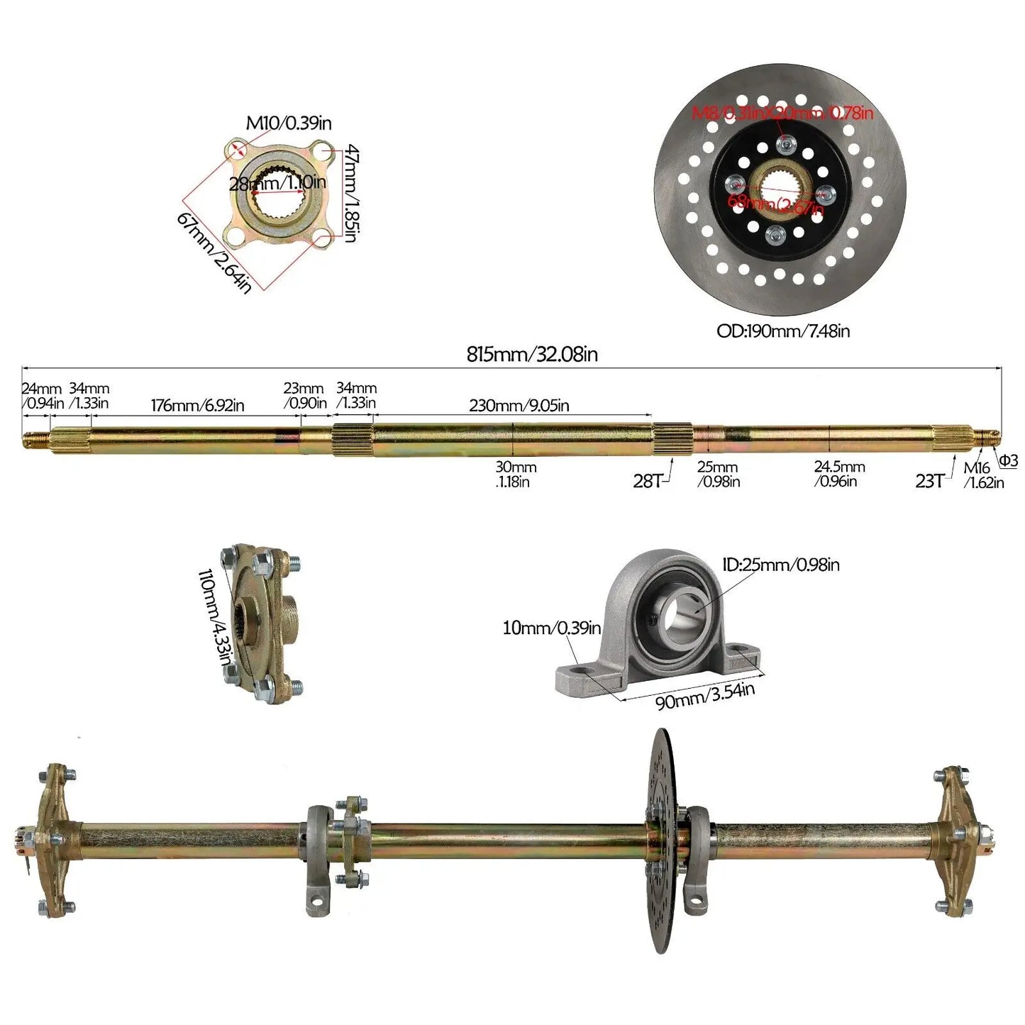 TDPRO 32" Racing Go Kart Rear Axle Kit 5" Wheels Front Steering Brake ATV Quad Go Cart