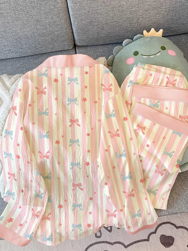 Girls Stripe Sleepwear Women's  Knot Star Long Sleeve Long Pants Korean Style Sweet Crepe Home Clothes Set