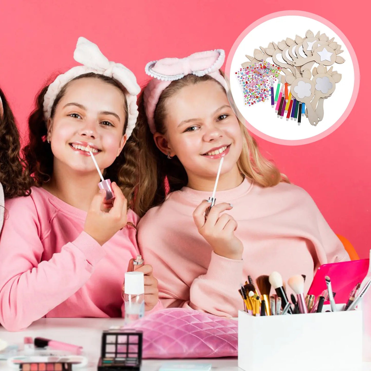 1Set Unicorn Mirror Craft Kit Wooden Handheld DIY Painting Mini Makeup Mirror Creative Kids Accessory Unfinished Wood Mirrors