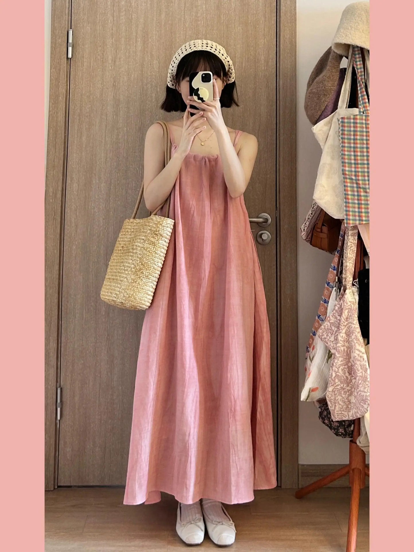 Summer Pink Strapless Maxi Dress Women's Loose plus Size Casual Slimming Skirt Sleeveless Long Dress Holiday Style