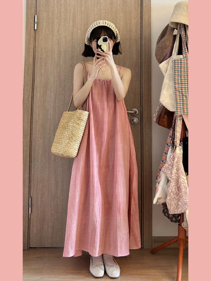 Summer Pink Strapless Maxi Dress Women's Loose plus Size Casual Slimming Skirt Sleeveless Long Dress Holiday Style