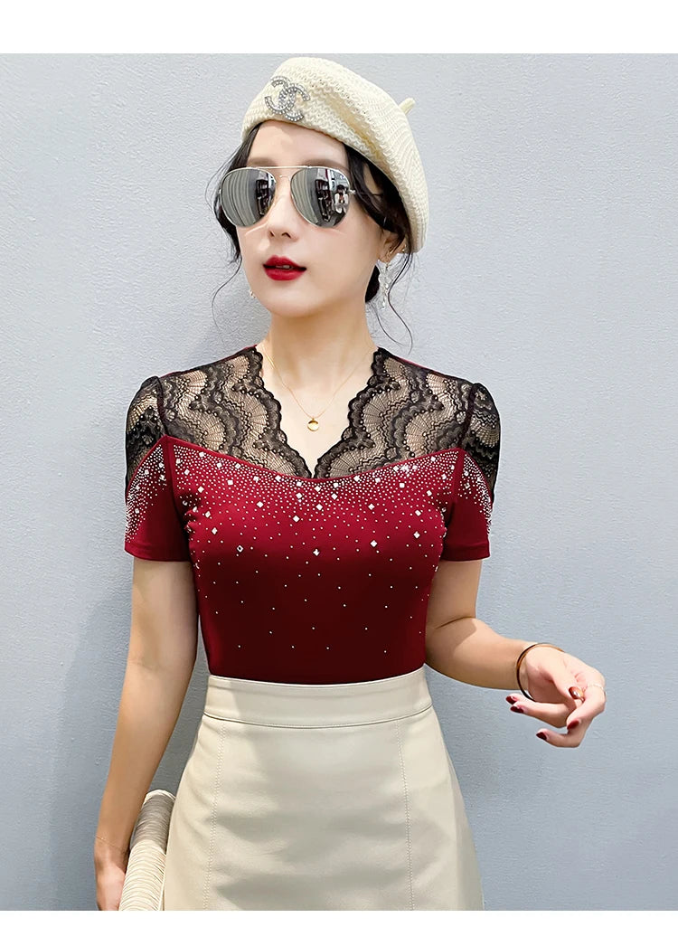 2026 Summer Women Tops New Korean Fashion Diamond Mesh T Shirt V-neck Short Sleeved Patchwork Lace Shirt