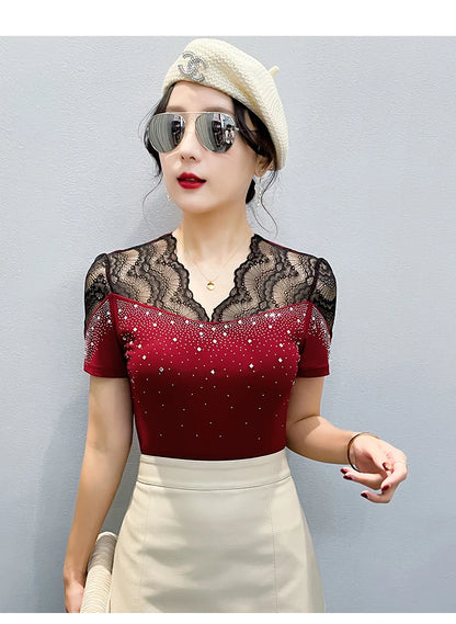 2026 Summer Women Tops New Korean Fashion Diamond Mesh T Shirt V-neck Short Sleeved Patchwork Lace Shirt