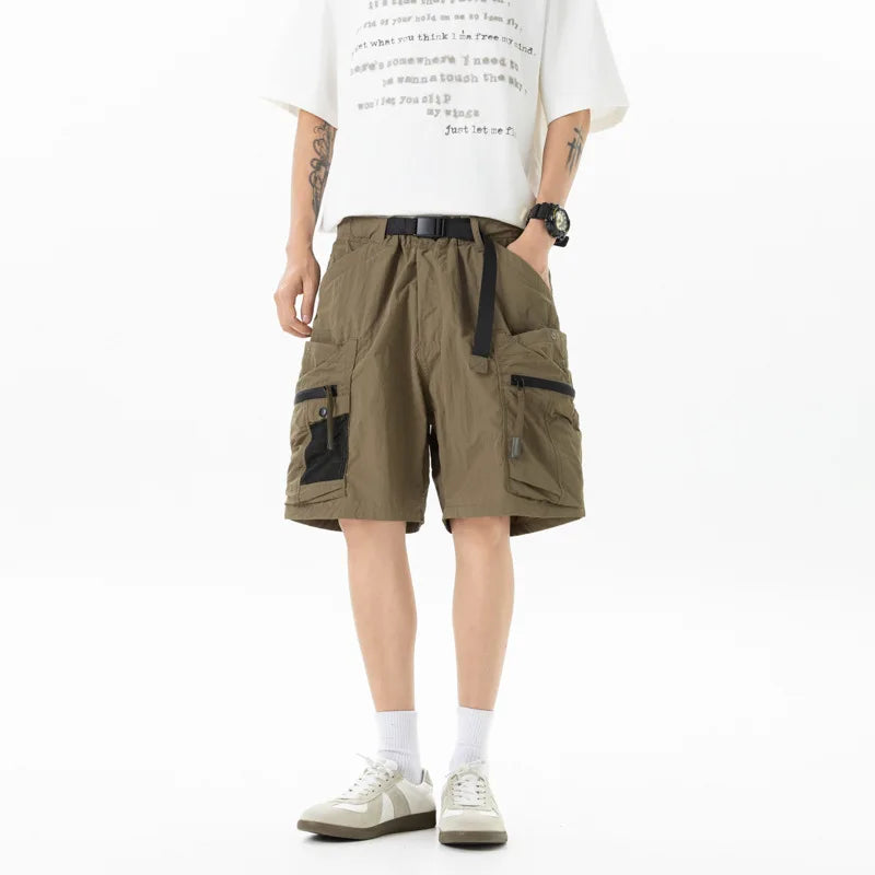 American Oversized Men's Workwear Cargo Shorts Summer Loose Casual Big Zipper Pocket Tactical Shorts Men Retro Five-Point Pants