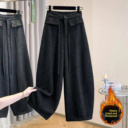 Warm Fleece Lined Trousers with Drawstring Casual Wide Leg Knife  Pants High Waist Polyester Blend Winter Fashion Ladies
