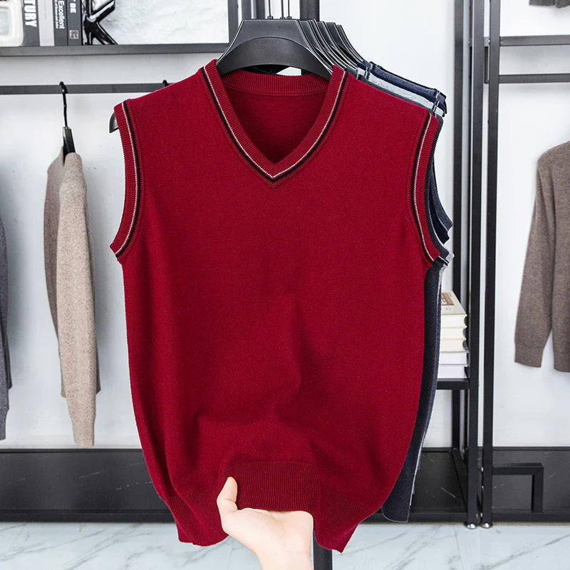 Autumn and Winter Solid Color Knitted V-neck Tank Top Men's Sleeveless Tank Top Warm Tank Top Middle Aged Shoulder Sweater