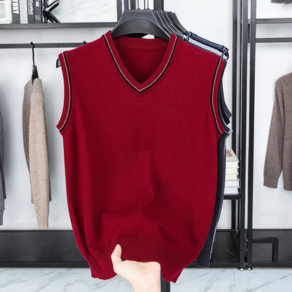 Autumn and Winter Solid Color Knitted V-neck Tank Top Men's Sleeveless Tank Top Warm Tank Top Middle Aged Shoulder Sweater