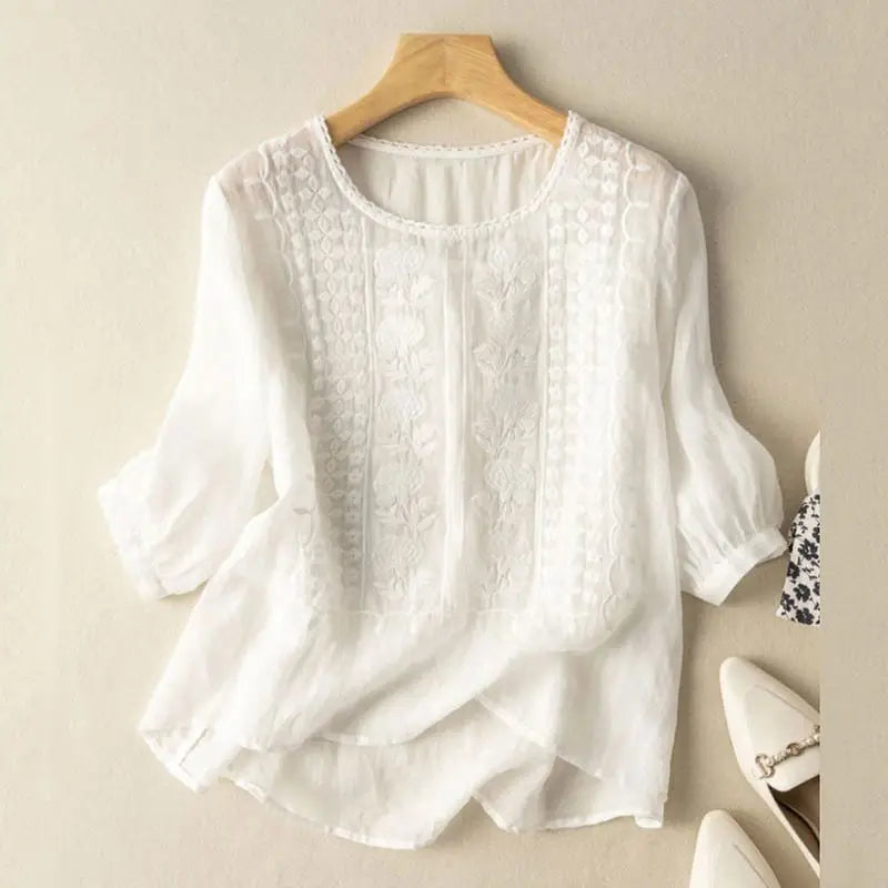 ZANZEA Elegant Women Embroidered Blouses Autumn 2024 3/4 Puff Sleeve Transparent Blusas Mujer Casual Vintage Cotton Shirts Tops