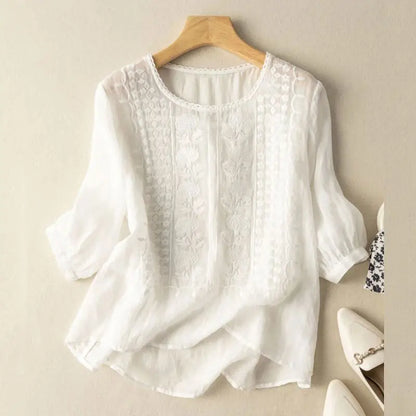 ZANZEA Elegant Women Embroidered Blouses Autumn 2024 3/4 Puff Sleeve Transparent Blusas Mujer Casual Vintage Cotton Shirts Tops
