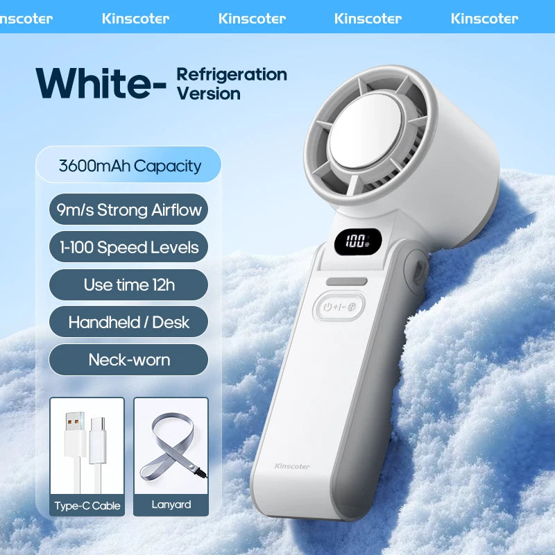 Kinscoter Mini Handheld Cooling Fan LED Display 3600mAh Foldable Portable Fan 100 Wind Speed w/ Lanyard for Outdoor Travel Gift
