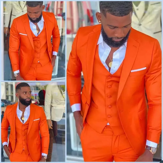 Bright Orange Costume Homme Wedding Dress Tuxedos Business Casual Suit For Men Notched Lapel 2 Piece（Blazer+ Pants）Men Suits