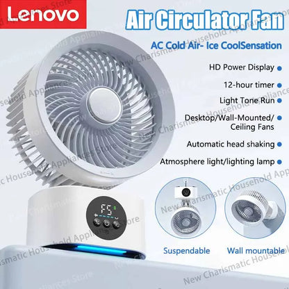 Lenovo Portable Rechargeable USB Wall Hanging Air Fan Remote Control Folding Shake Head Fan with Nightlight Air Cooler Household