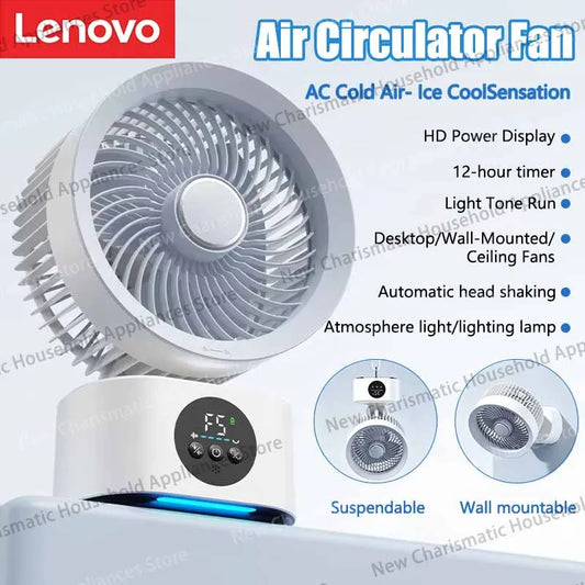 Lenovo Portable Rechargeable USB Wall Hanging Air Fan Remote Control Folding Shake Head Fan with Nightlight Air Cooler Household