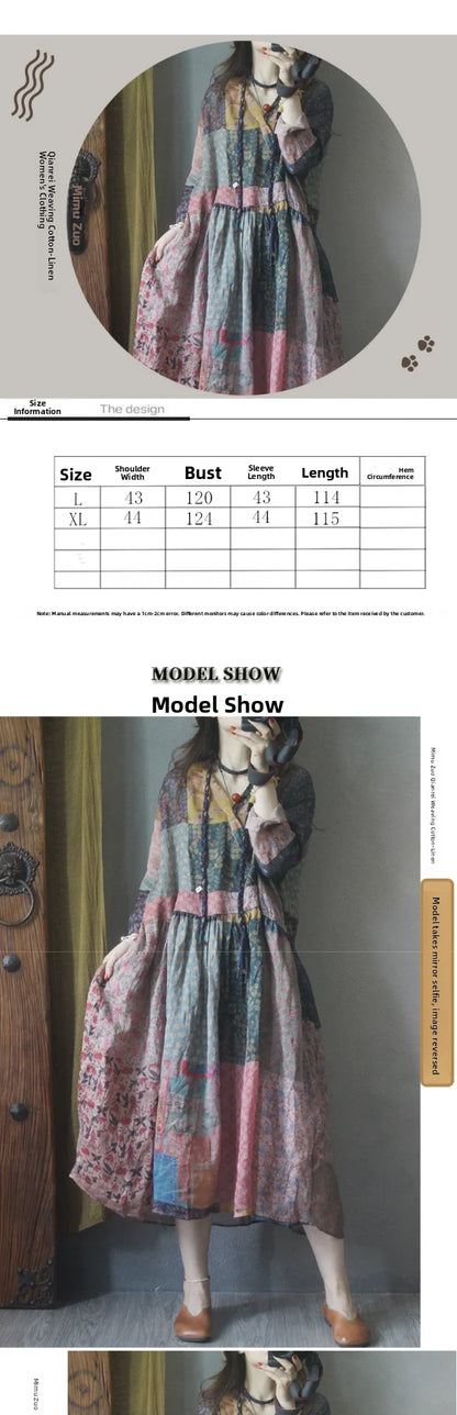 Retro Stylish Loose Linen Dress Women's A-Line Long Skirt Summer New Style Slimming Ethnic Style V-Neck Sleeveless Dress
