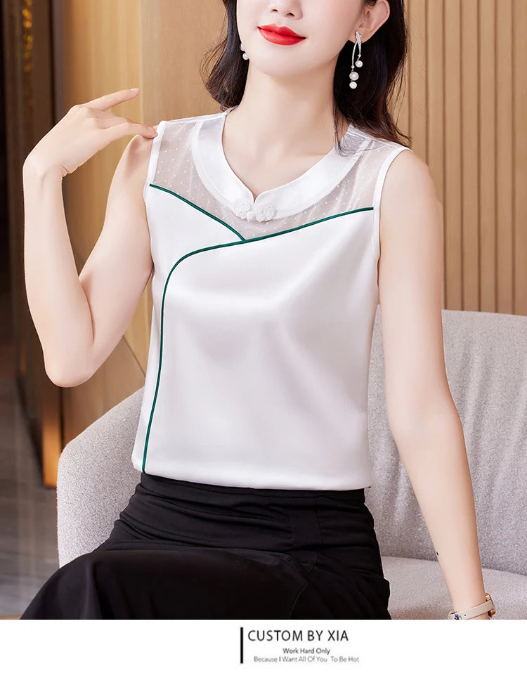 M-5XL 2024 New Fashion Women Tank top Spring Summer Sleeveless Silk Satin Vest Shirt Patchwork Mesh Clothing