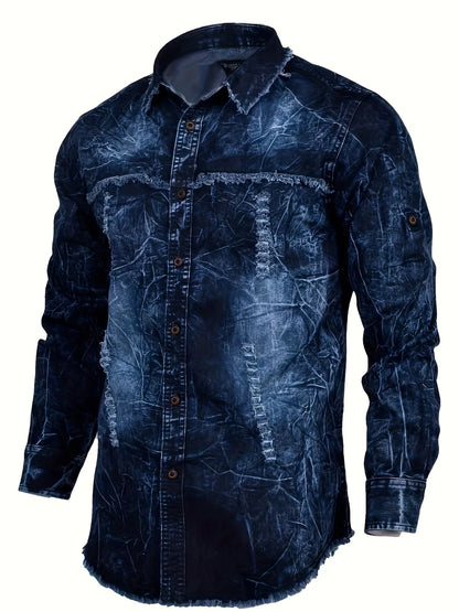Men's denim shirt for autumn, American retro long-sleeved, washed dark blue, blue denim shirt with double pockets, workwear styl