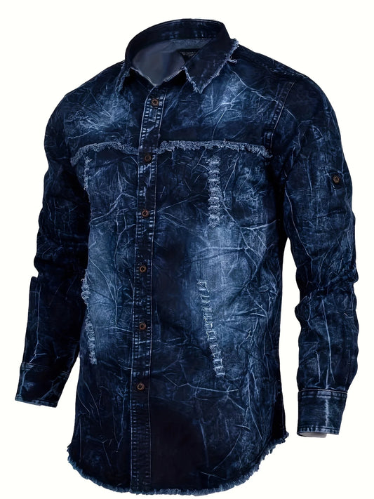 Men's denim shirt for autumn, American retro long-sleeved, washed dark blue, blue denim shirt with double pockets, workwear styl
