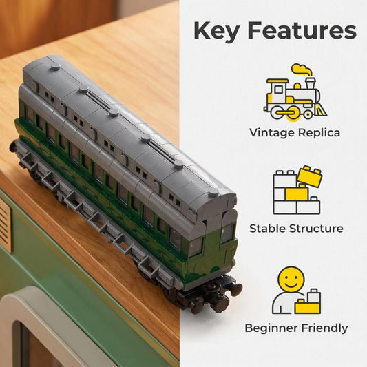 26cm Retro Double-Deck Passenger Train Car Building Blocks Model Green Gray Classic Train Display Toy for Hobbyists